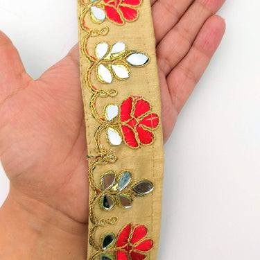 Beige Silk Trim With Mirrors Embellishments and Gold Embroidery, Approx. 38mm Wide, Decorative Trim Costume Trim Floral Trim By Yard